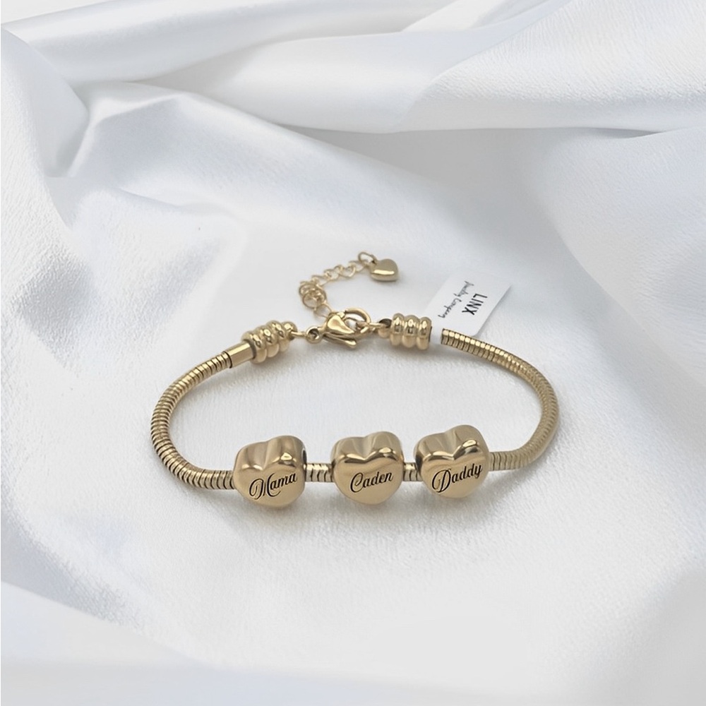 Gold Snake Chain Charm Bracelet with Custom Name Heart Charms